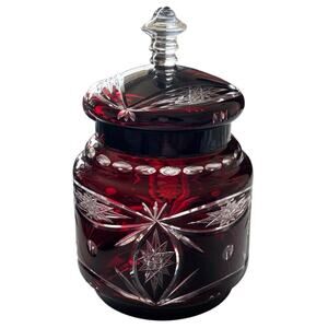 Bohemian Ruby Cut To Clear Glass 8 1/2 inch tall Bisquit Jar Vtg